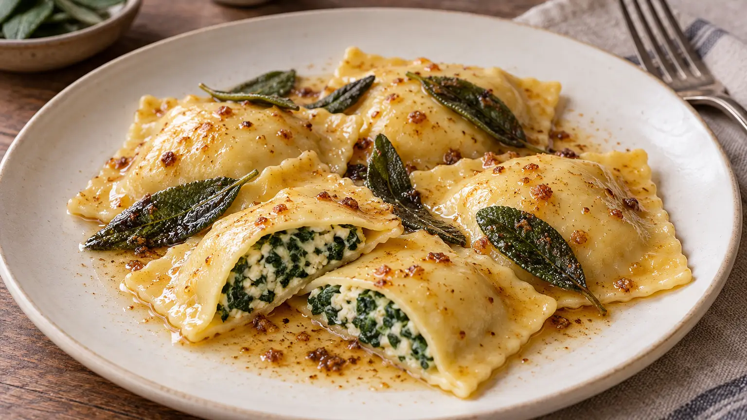 Homemade ravioli with spinach and cheese filling, brown butter and whole sage leaves