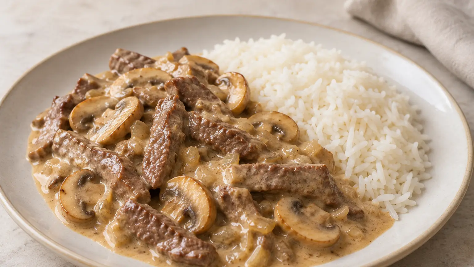 Stroganoff with beef strips, browned mushrooms and a pale sauce alongside white rice