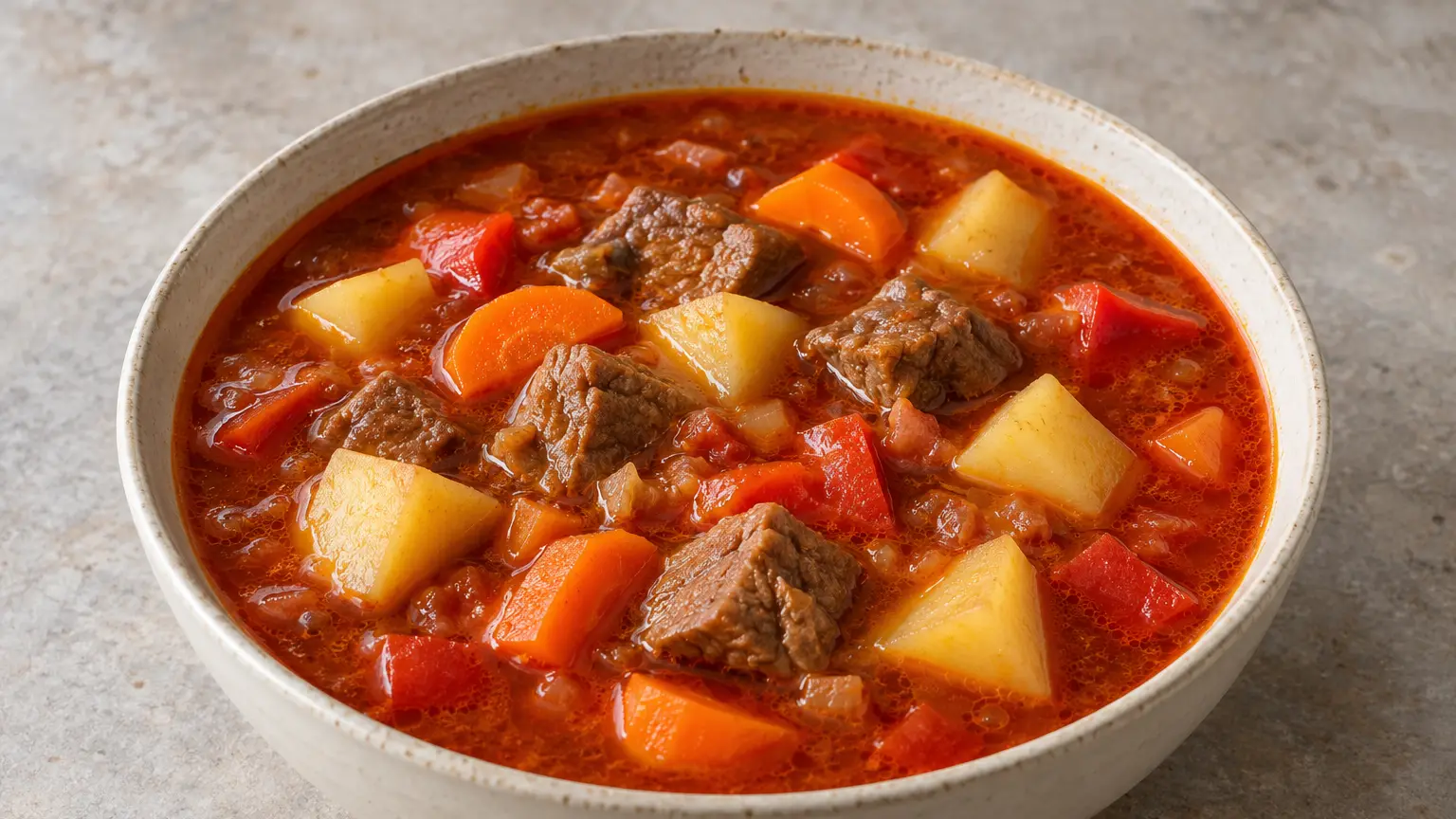 Hungarian goulash soup with beef, potatoes and bell pepper in red broth