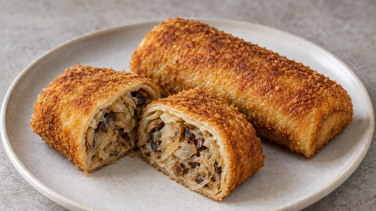 Golden crepe rolls in crisp breading with a cabbage and porcini filling