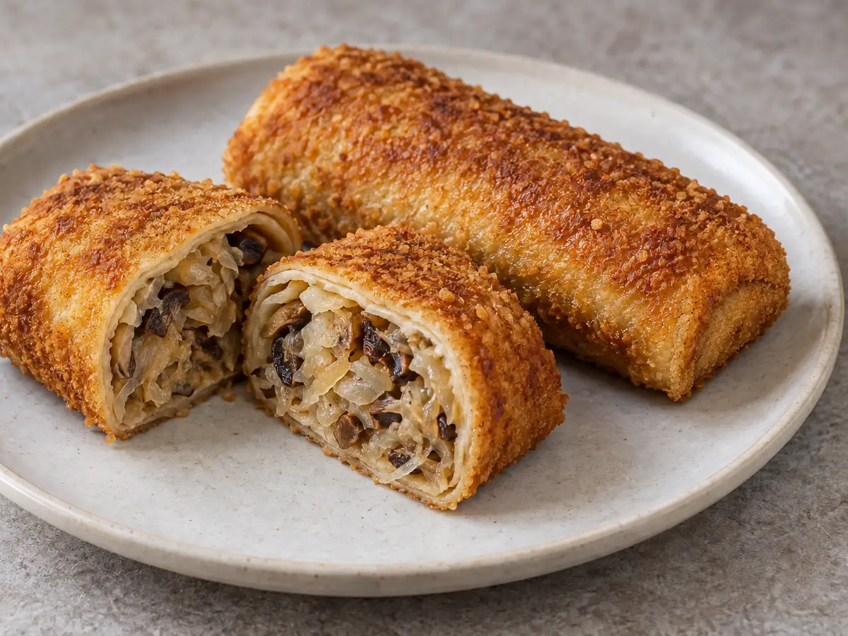 Krokiety: crespelle arrotolate croccanti con cavolo e funghi