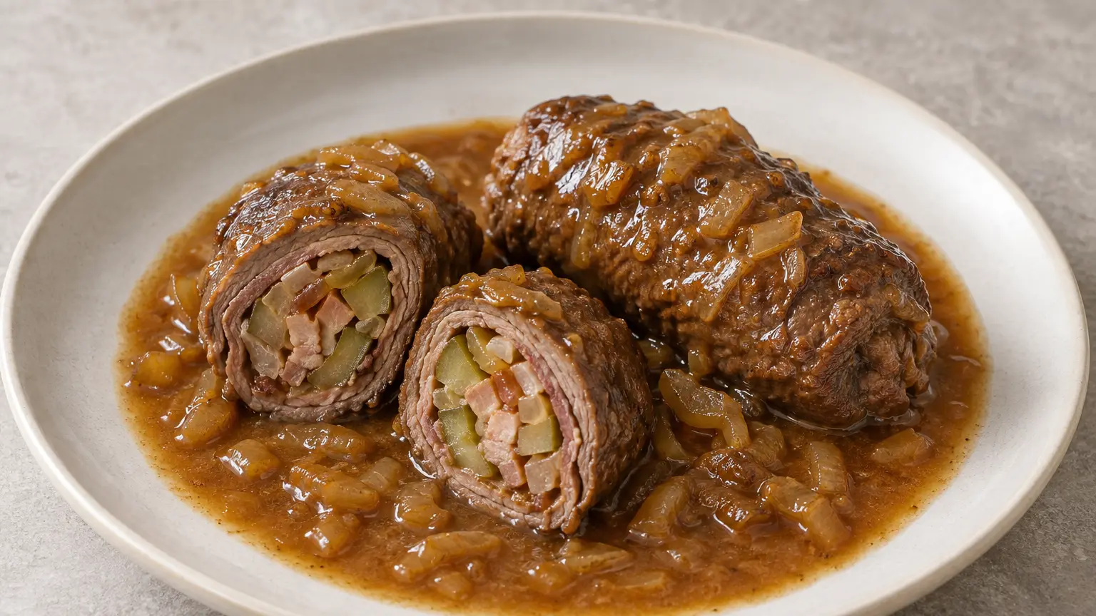 Beef rolls in dark gravy with visible cucumber and bacon filling