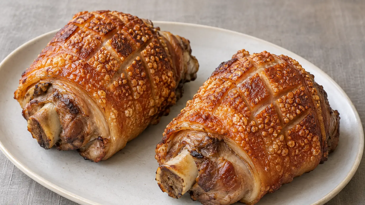 Two roasted pork hocks with deeply browned, crispy skin on a platter