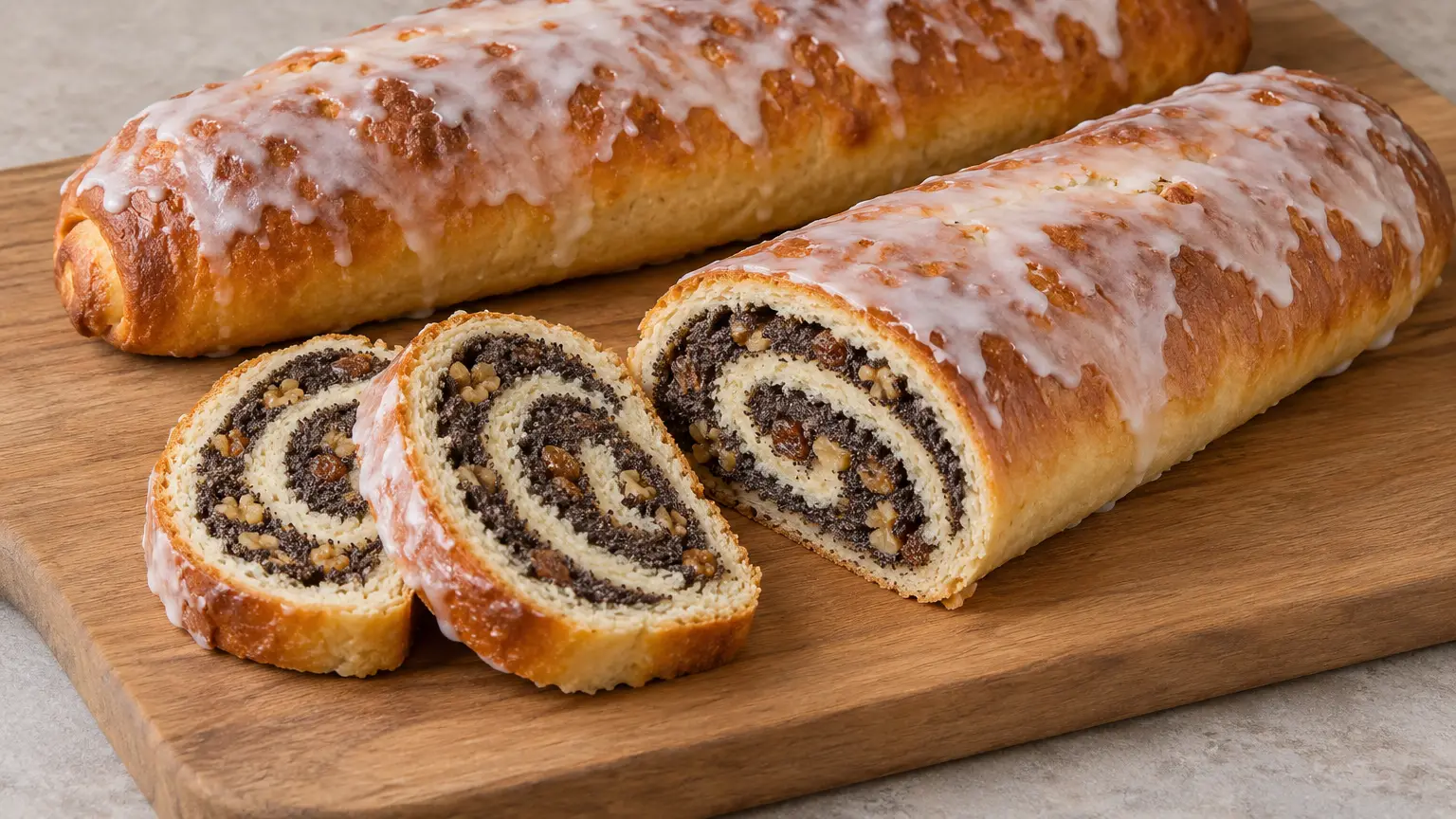 Two iced poppy seed loaves with cut slices revealing a spiral of dough and filling