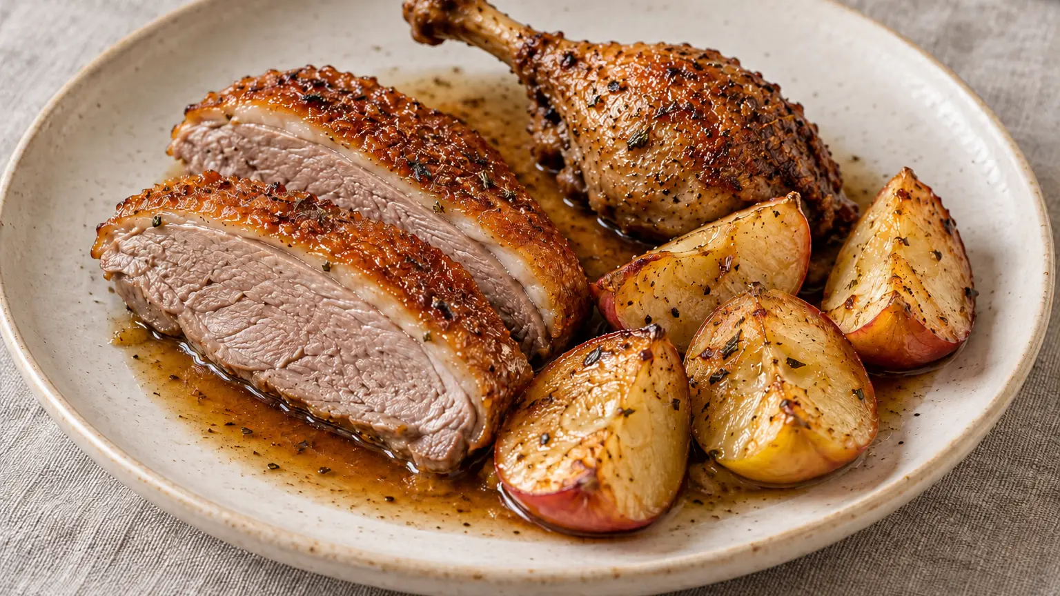 Browned duck with roasted apples and defatted pan juices