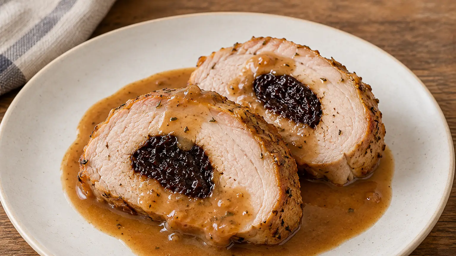 Thick slices of roast pork loin with dark prune centers and brown gravy