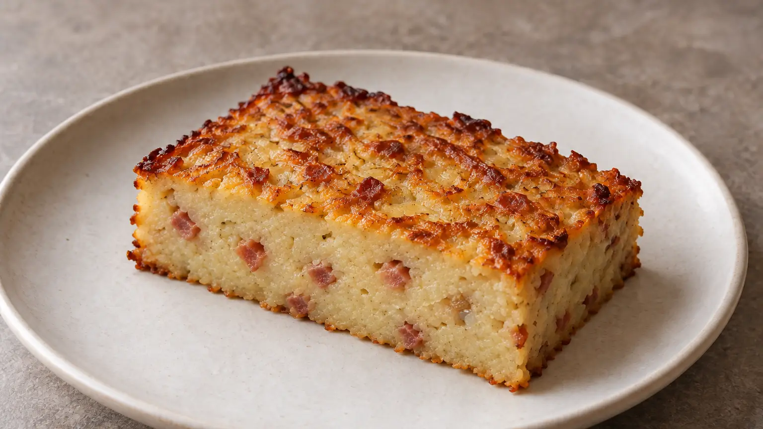 Browned portion of potato bake with visible pieces of bacon and onion