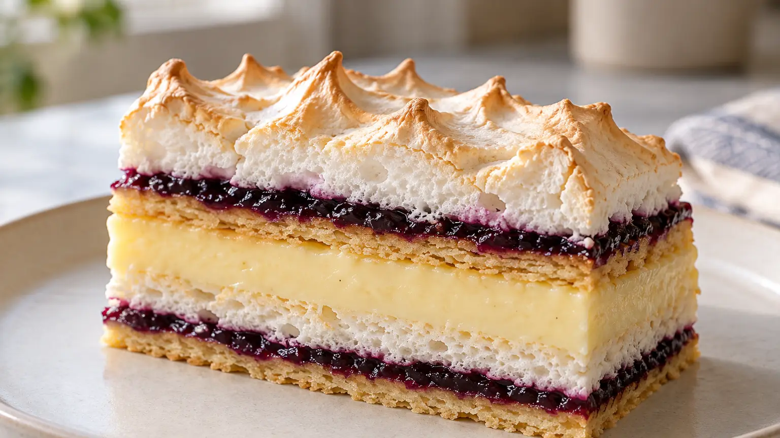 Shortcrust cake slice with currant jam, two meringue layers and central custard cream