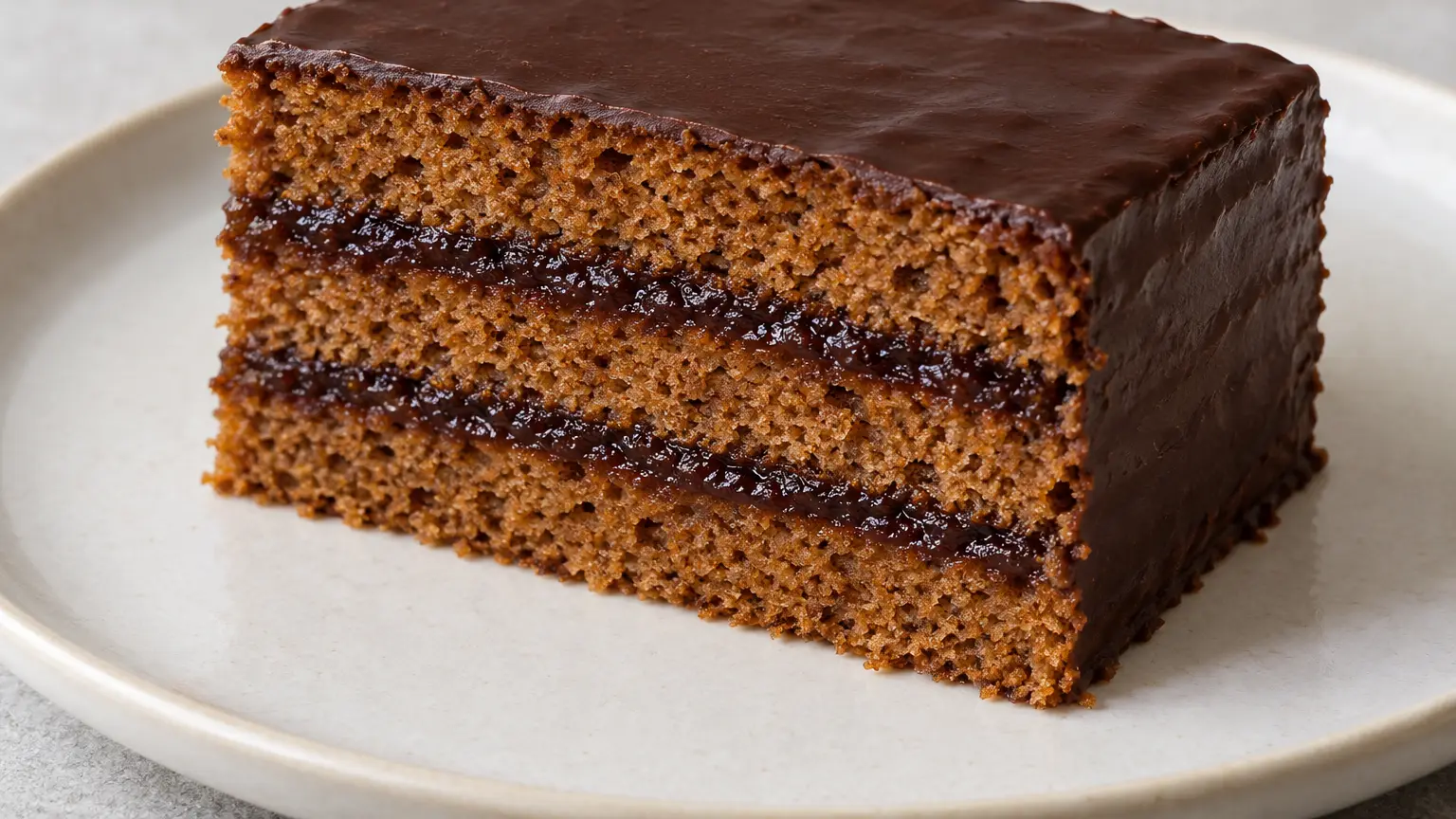 Gingerbread slice with three spiced layers, two plum butter layers and dark chocolate glaze