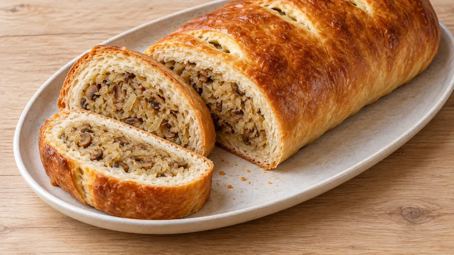 Golden filled loaf and thick slices with cabbage and porcini filling