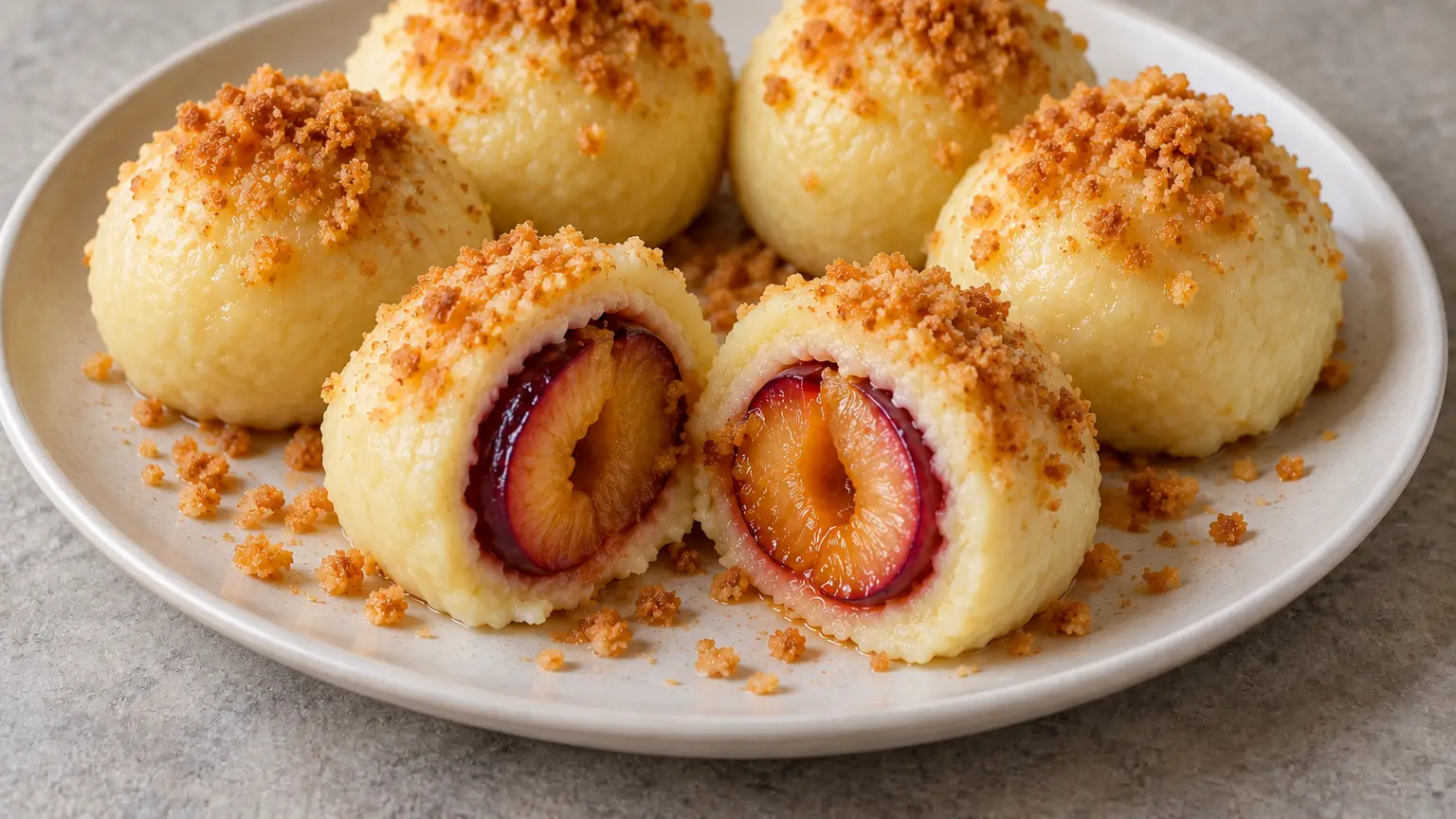 Potato dumplings with plums served with breadcrumbs browned in butter
