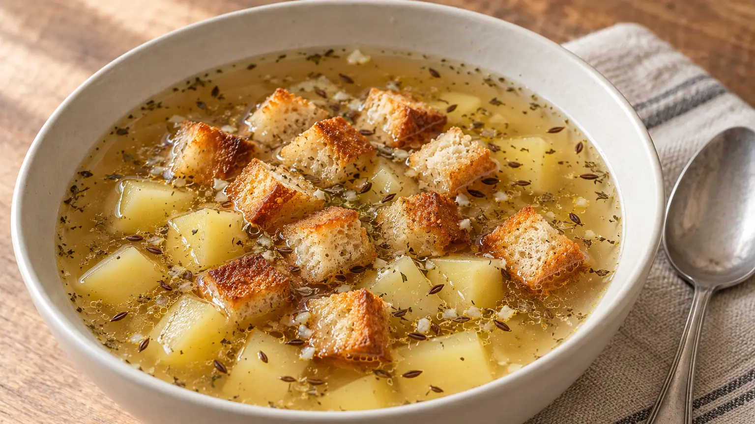 Clear Czech garlic soup with potato cubes and golden croutons