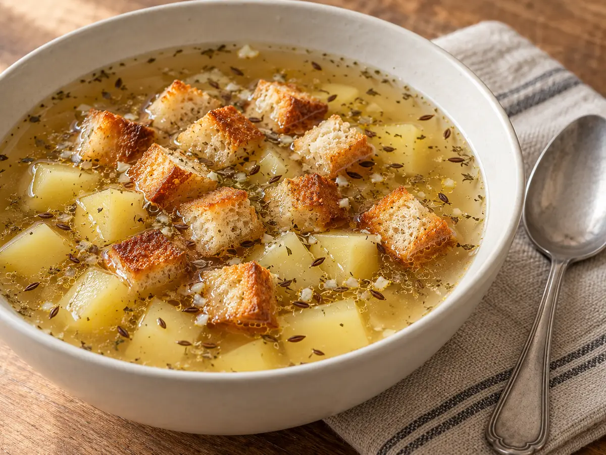 Czech Garlic Soup with Potatoes and Croutons