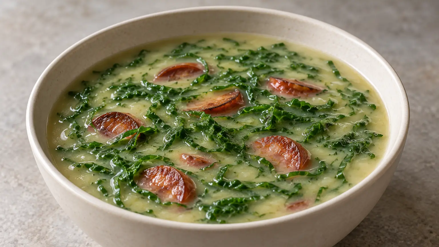 Creamy potato soup with thin kale strips and slices of smoked sausage
