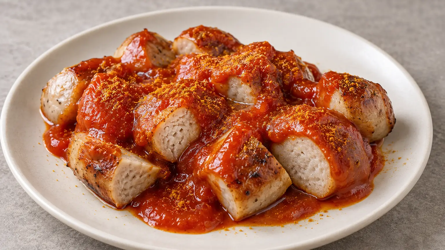 Sliced, browned bratwurst in thick tomato sauce with a light sprinkling of curry powder