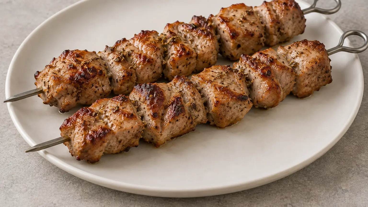 Browned Greek pork skewers with oregano drizzled with lemon juice