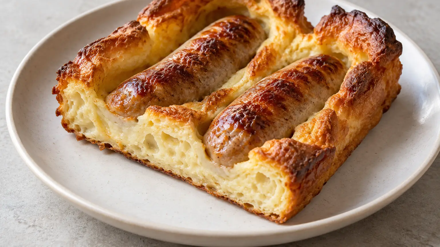 Pork sausages baked in puffed batter with browned, crisp edges