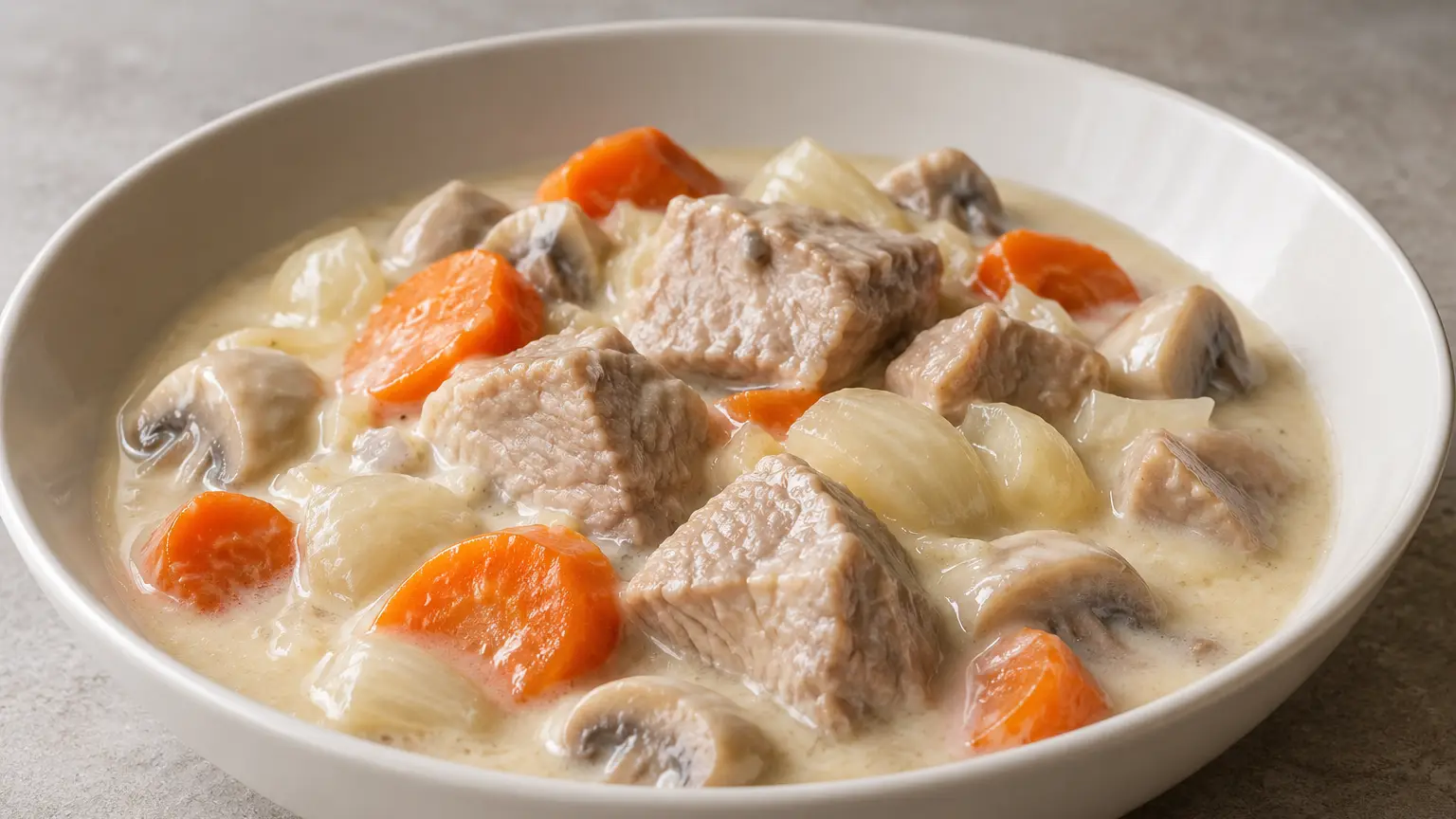 Tender veal with carrots and mushrooms in a pale, creamy sauce