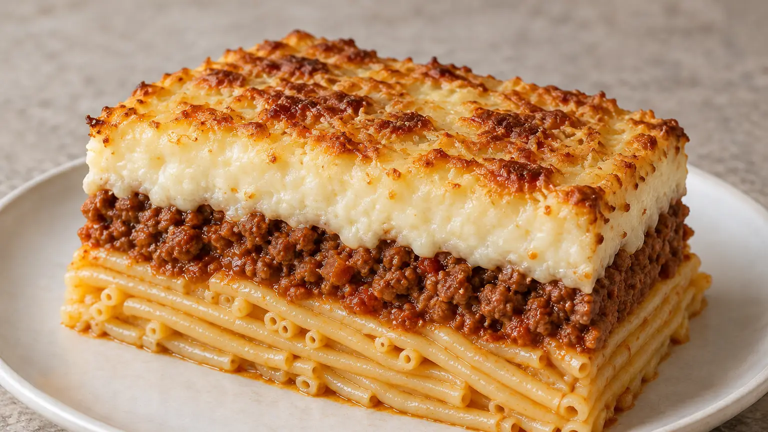 A rectangular casserole portion with layers of pasta, beef, and browned béchamel