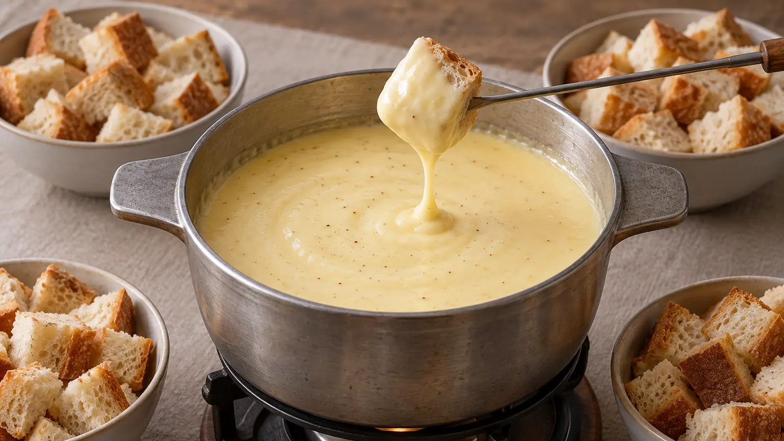 Smooth Gruyère and Emmentaler cheese fondue served with bread cubes