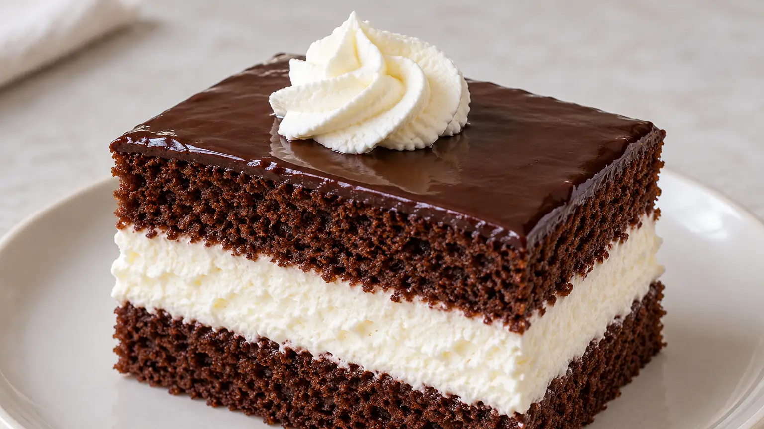 Cake slice with two cocoa sponge layers, thick cream filling, glaze, and a rosette