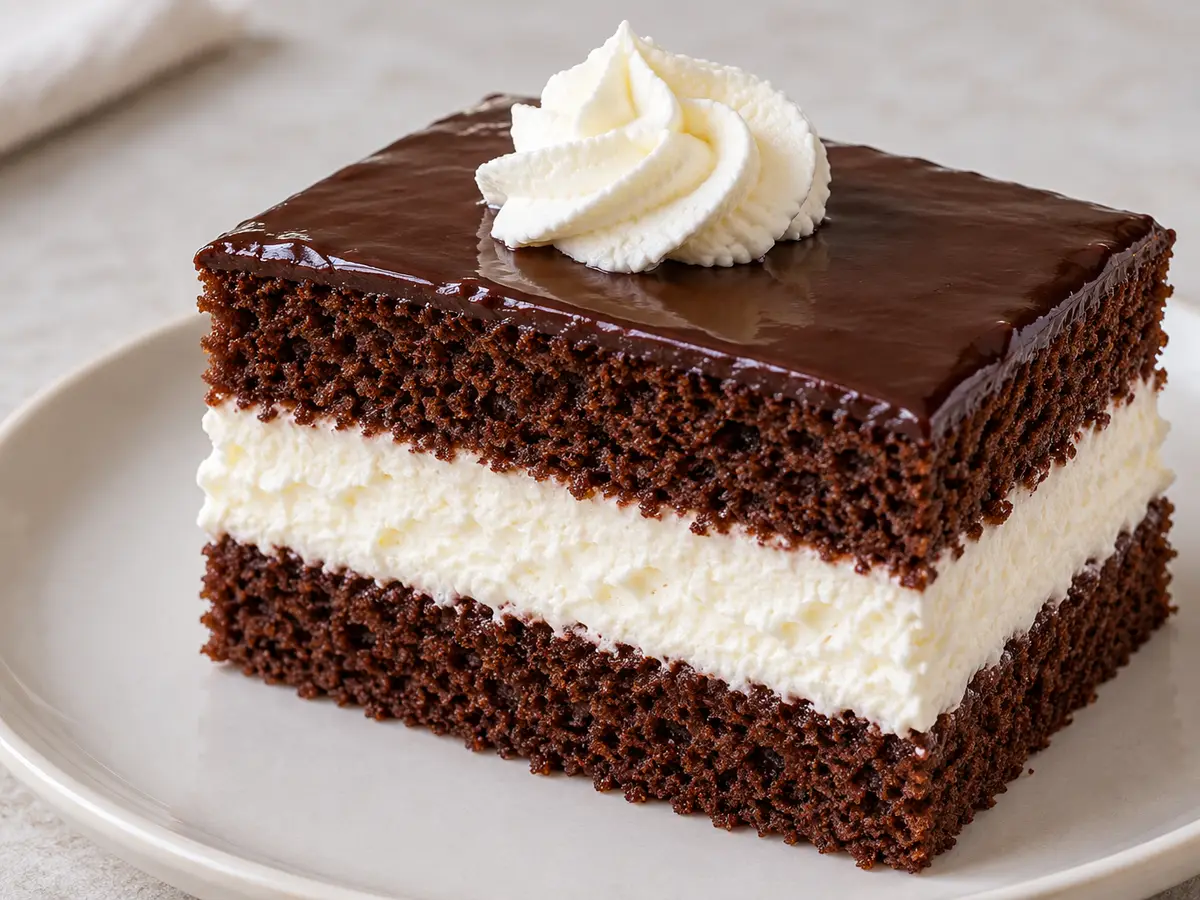 Cocoa Sponge Cake with Whipped Cream and Chocolate Glaze