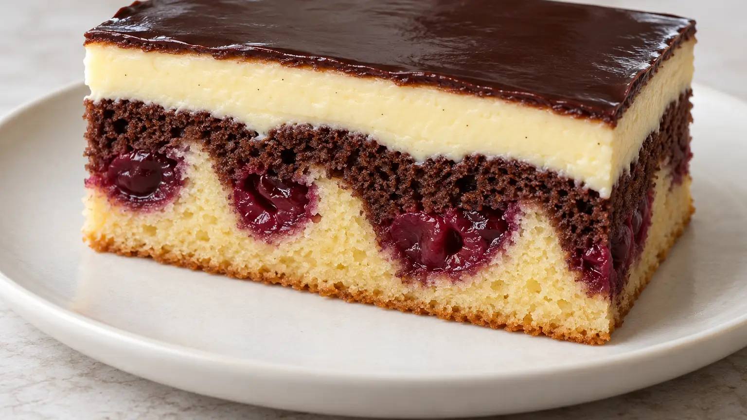 Danube wave cake slice with sour cherries, wavy cake, pale cream, and dark glaze