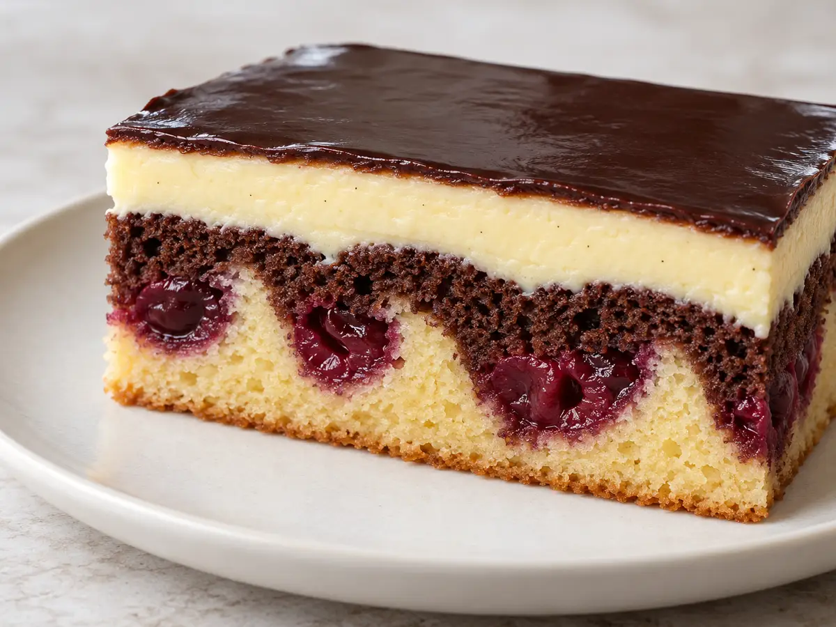 Danube Wave Cake with Sour Cherries, Custard Cream, and Glaze