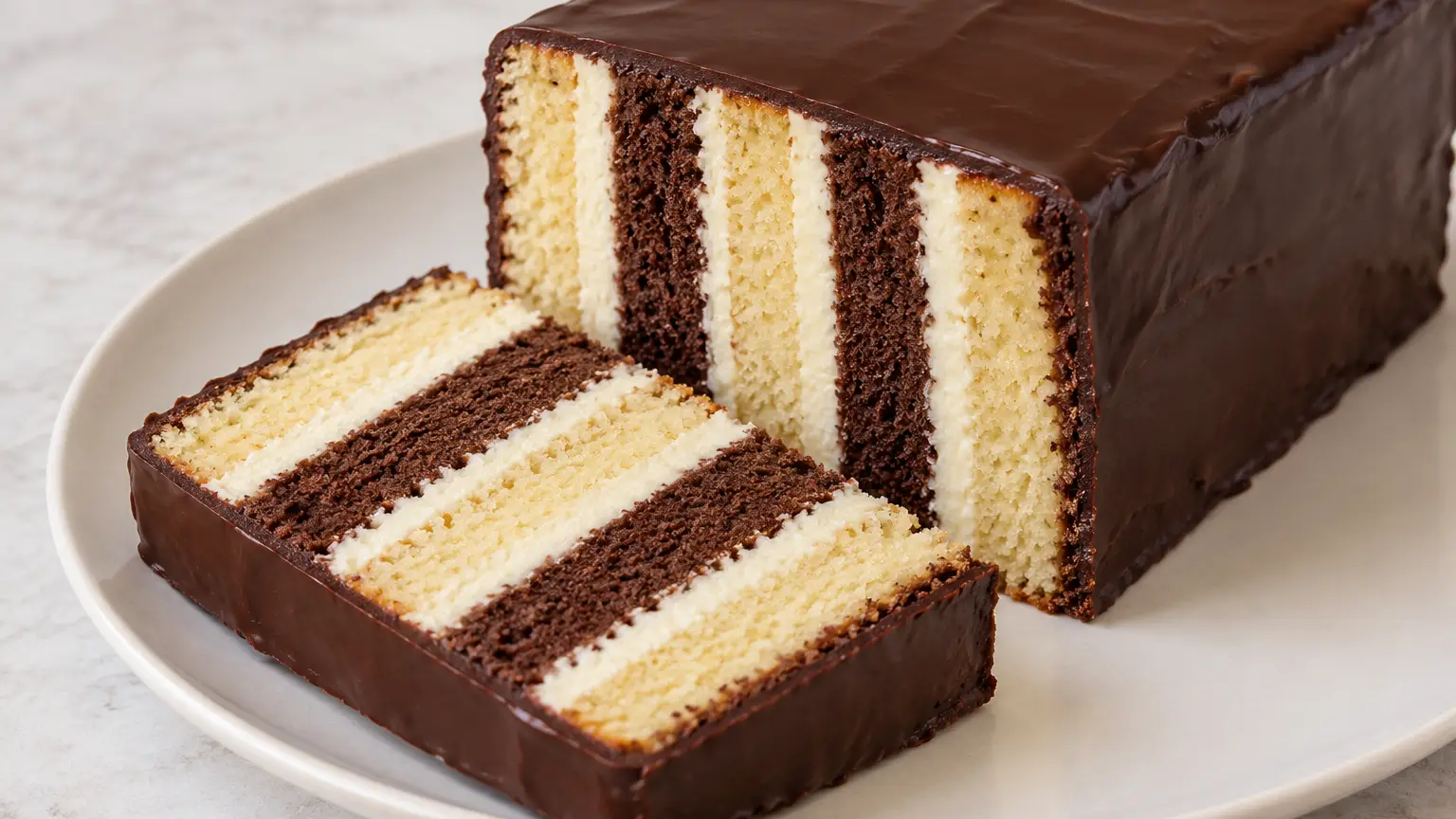 Diagonal cake slice with pale and cocoa stripes, cream, and chocolate glaze