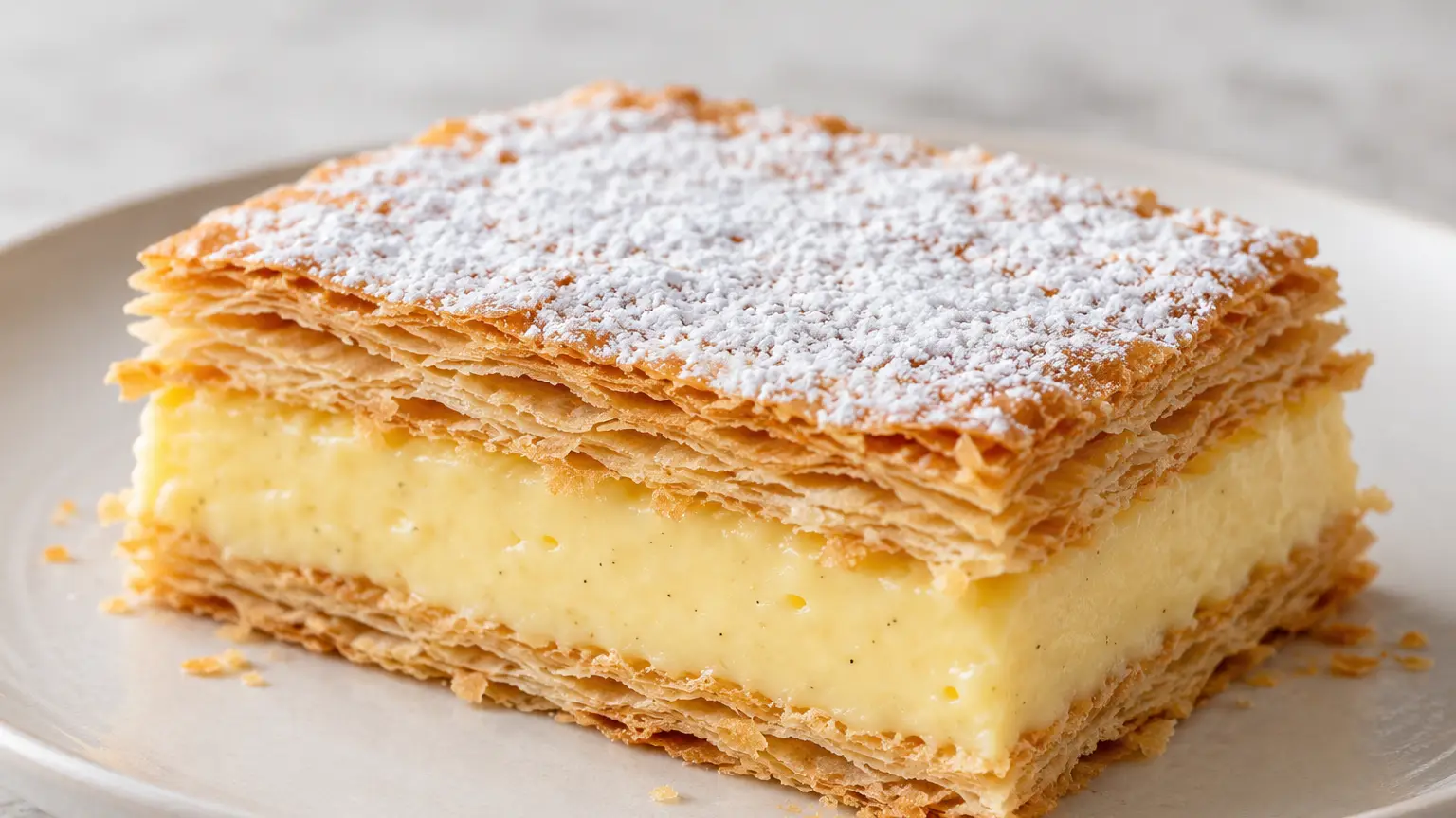 Custard slice with a thick layer of vanilla cream between golden pastry sheets dusted with sugar