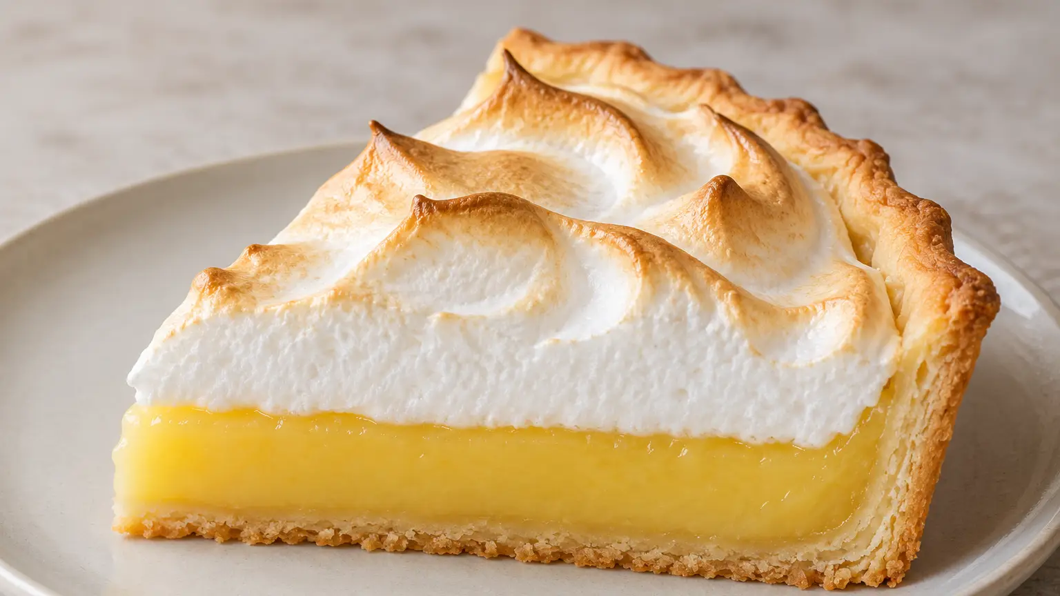 Slice of tart with a crumbly crust, yellow lemon filling and soft golden meringue