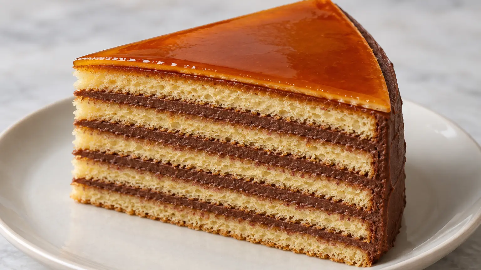 Slice of Dobos cake with six thin sponge layers, chocolate cream and a caramel wedge