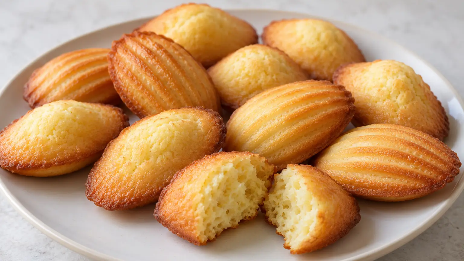 Golden madeleines with shell-shaped bases, domed tops and a tender crumb