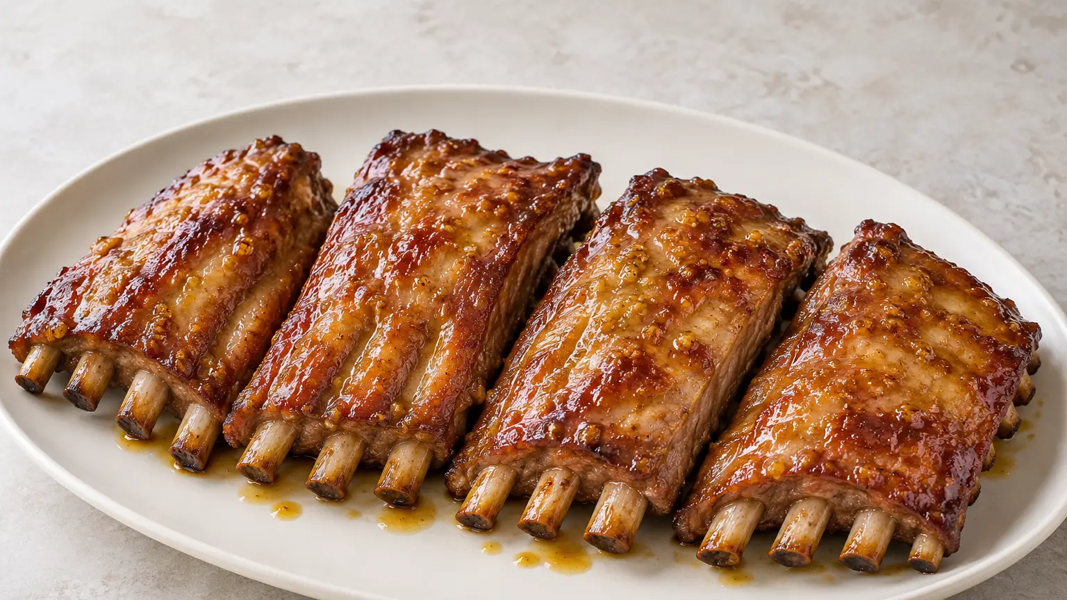 Tender pork ribs with a glossy golden-brown honey-mustard glaze