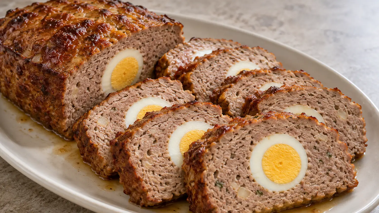 Slices of browned meatloaf with hard-boiled egg inside