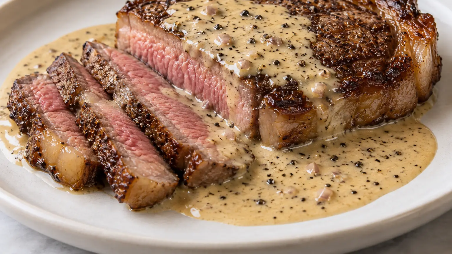 Browned ribeye steak topped with creamy black pepper sauce