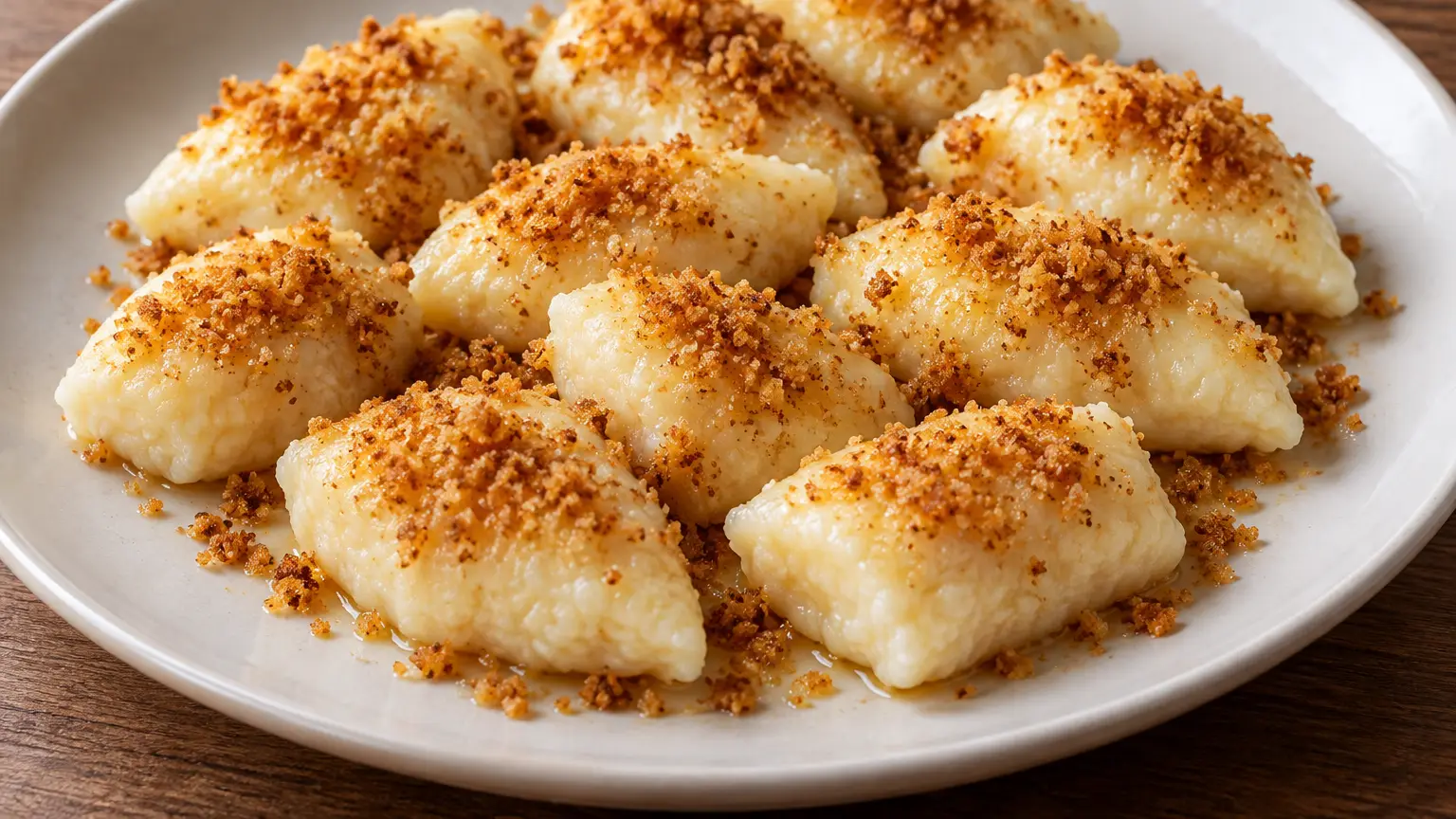 Soft curd cheese dumplings covered with butter and golden breadcrumbs