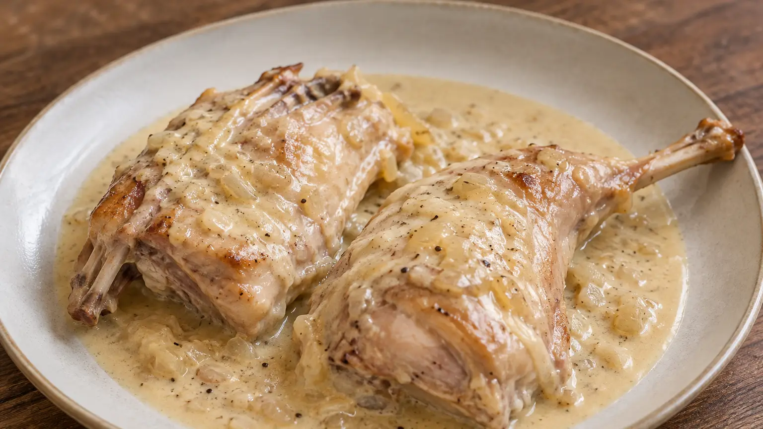 Tender bone-in rabbit in a pale, creamy mustard cream sauce