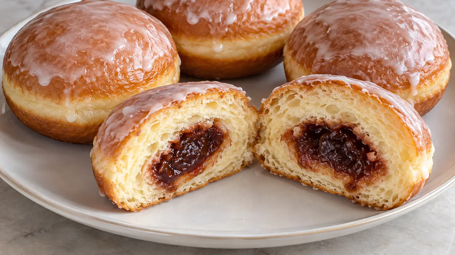 Golden iced doughnuts with rose preserve and a soft, pale crumb