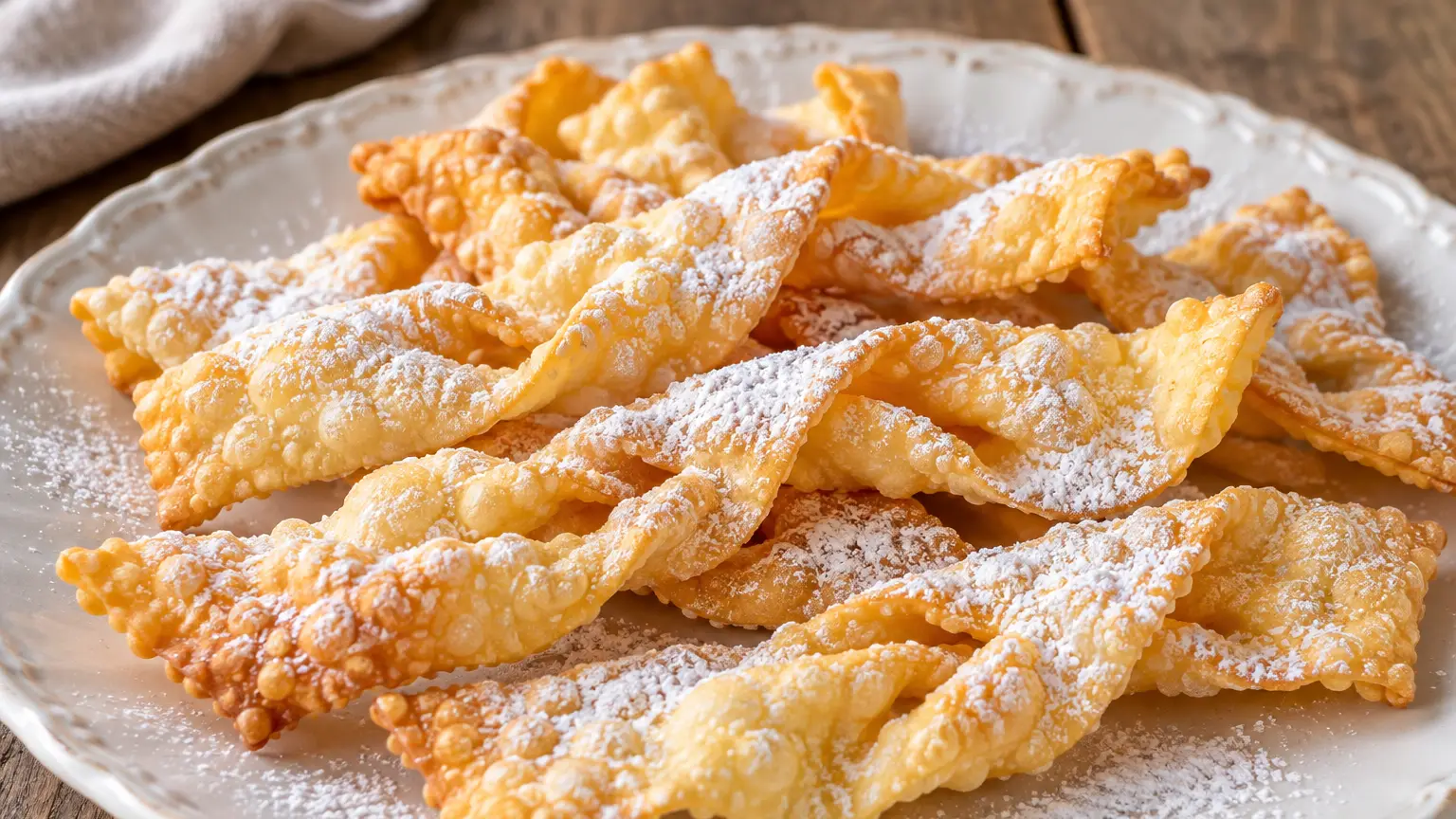 Thin golden pastry twists with tiny blisters dusted with powdered sugar