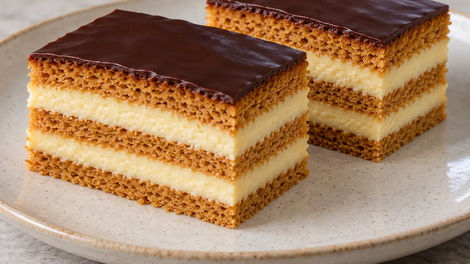 Honey cake with three honey pastry sheets, two pale cream layers, and a chocolate glaze