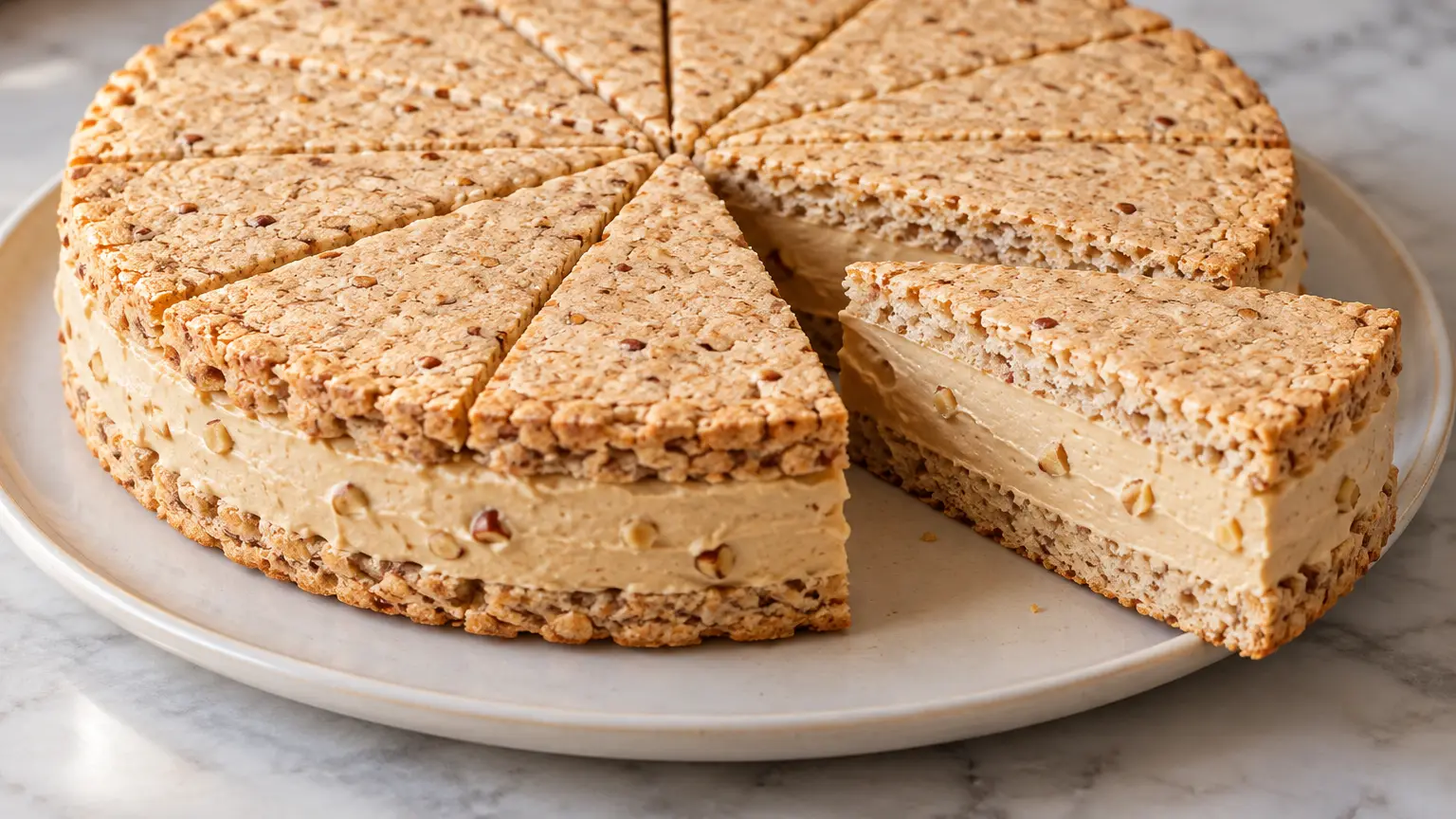 Cake with two nut meringue layers and a thick layer of pale coffee cream