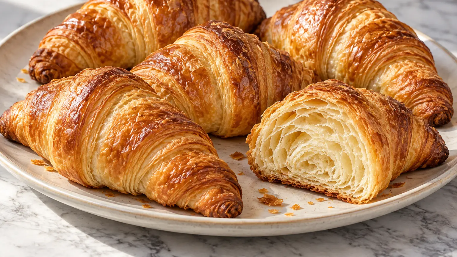 Golden butter croissants with a crisp crust and distinct thin layers of dough