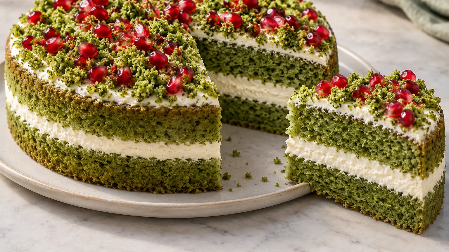 Forest moss cake with green layers, white cream, cake crumbs, and pomegranate seeds