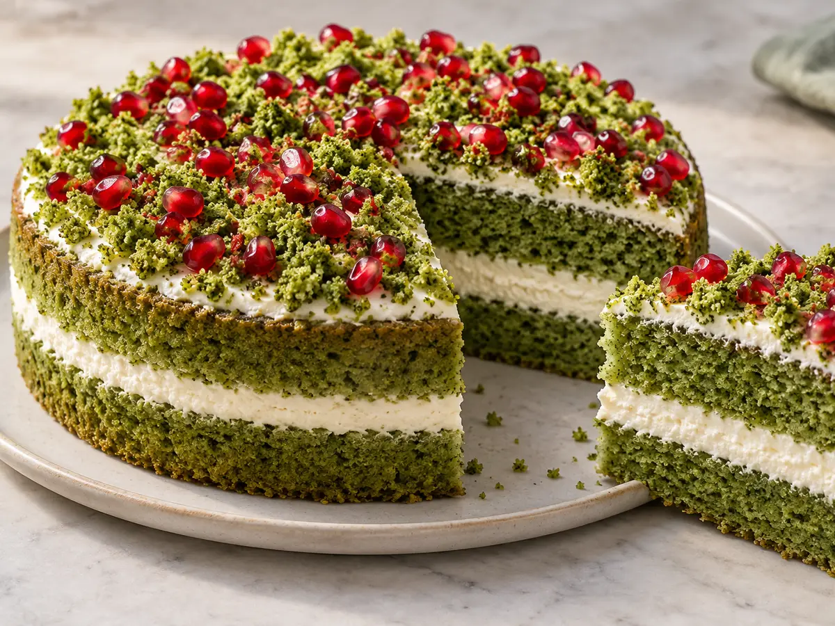 Forest Moss Cake with Whipped Cream and Pomegranate