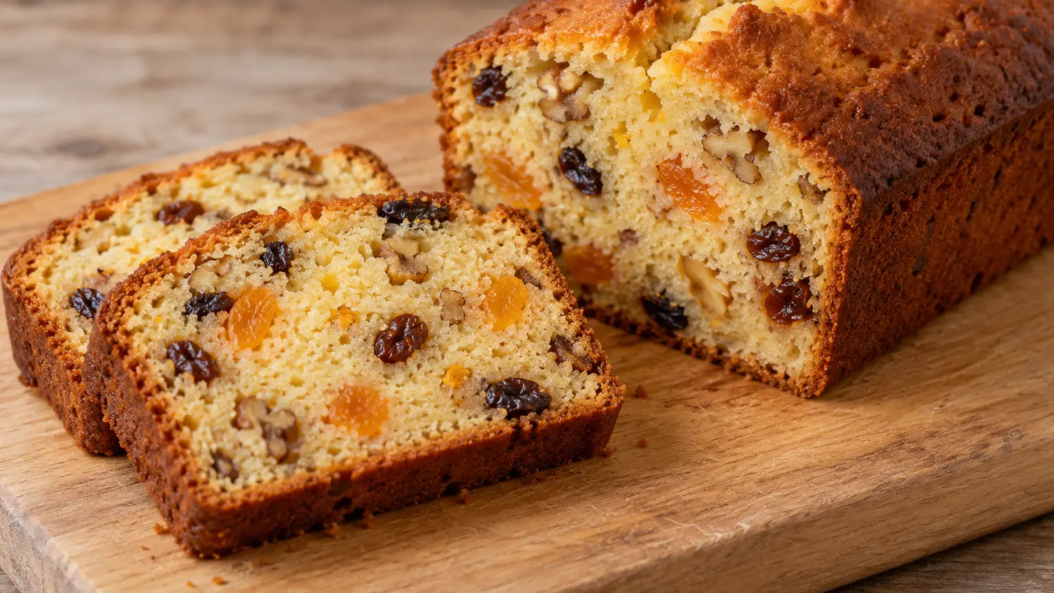 Butter fruit loaf with golden brown crust, raisins, apricots, and walnuts in cross-section