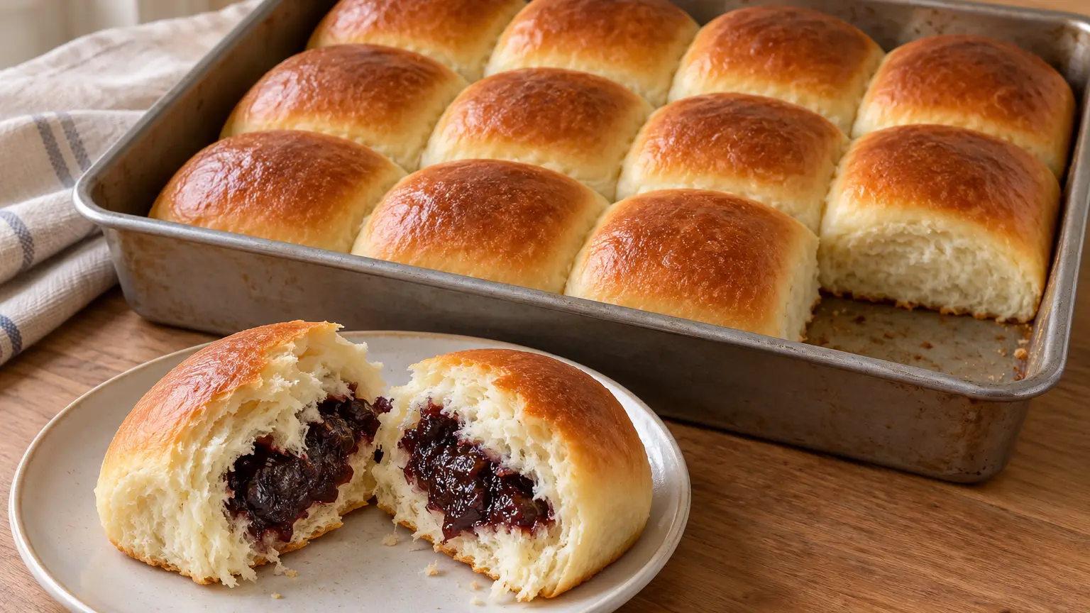 Golden buttery buns and one torn bun with thick plum butter filling