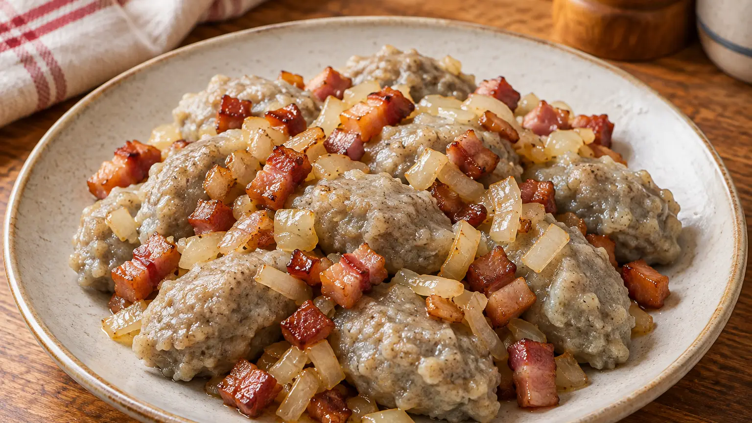 Gray irregular potato dumplings with browned bacon and golden onion on a plate