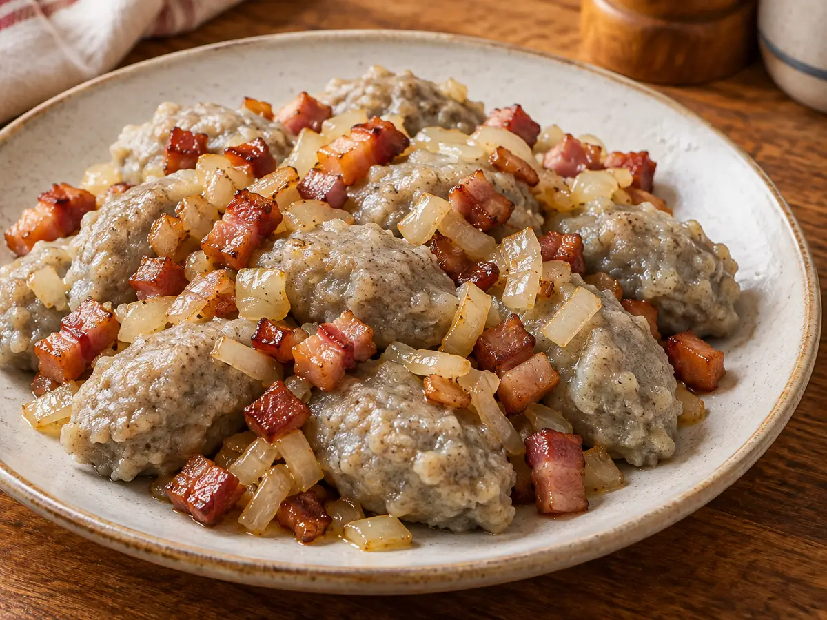 Gray Potato Dumplings with Bacon and Onion
