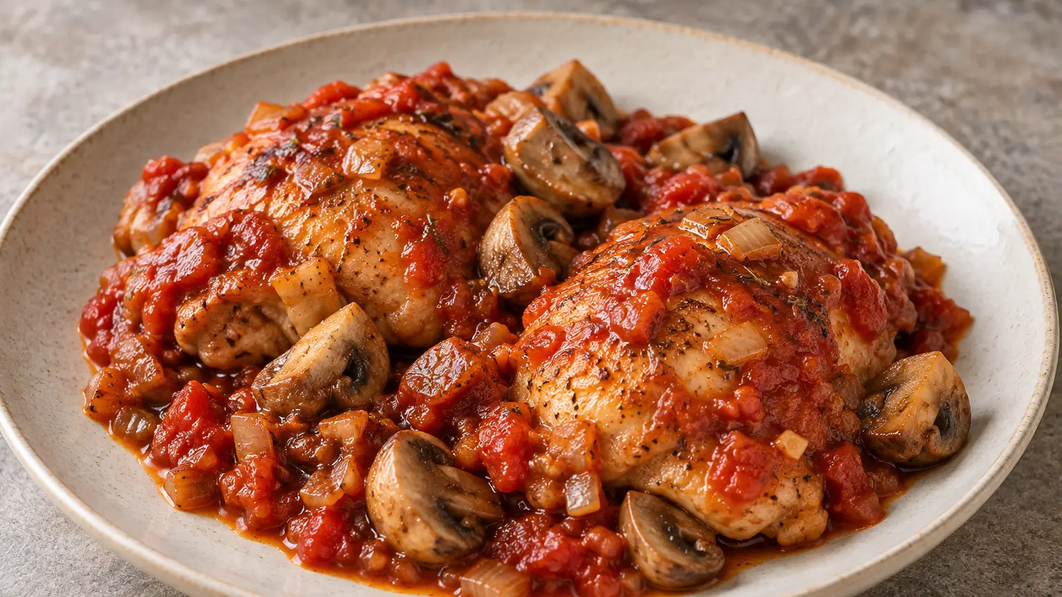 Large chicken pieces with browned mushrooms in thick tomato sauce on a plate